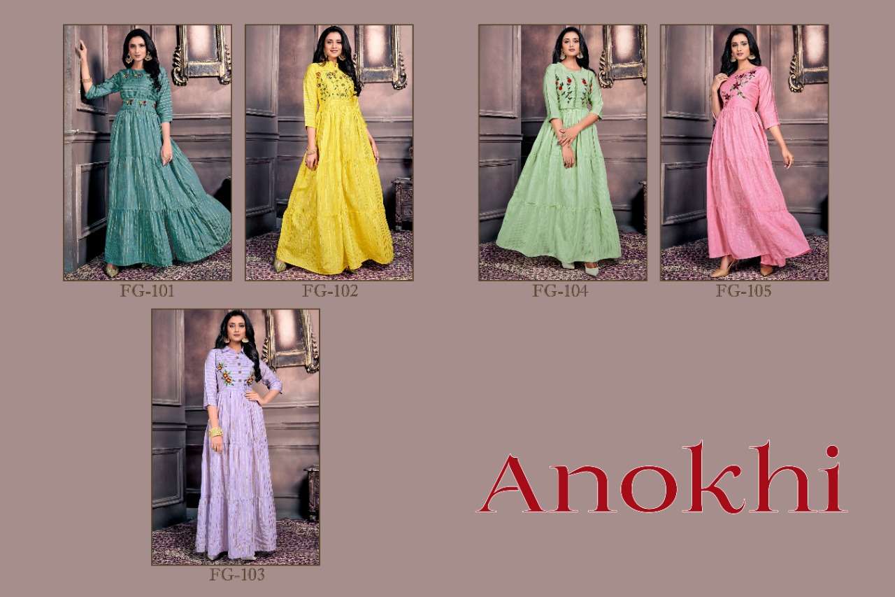 ANOKHI BY FASHION GALLERIA 101 TO 105 SERIES DESIGNER STYLISH FANCY COLORFUL BEAUTIFUL PARTY WEAR & ETHNIC WEAR COLLECTION CHANDERI EMBROIDERED GOWNS AT WHOLESALE PRICE