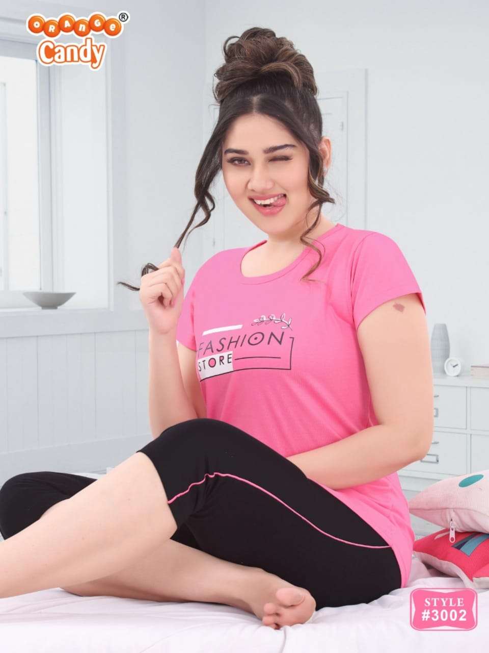 3002 BY ORANGE CANDY 3002-A TO 3002-F SERIES BEAUTIFUL STYLISH FANCY COLORFUL CASUAL WEAR & ETHNIC WEAR HOSIERY COTTON TOPS AND BOTTOM AT WHOLESALE PRICE