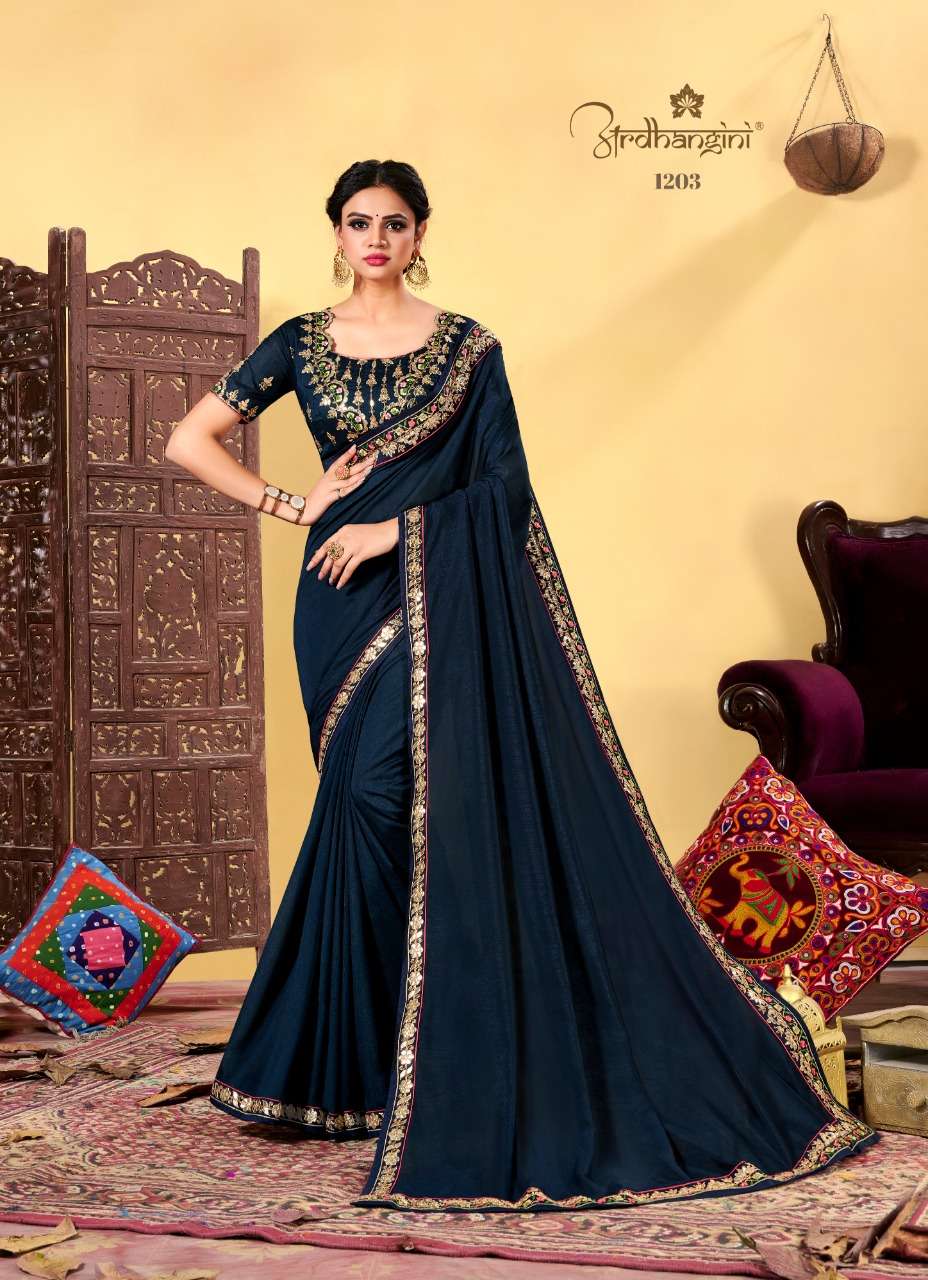SAKSHI VOL-5 BY ARDHANGINI 1201 TO 1206 SERIES INDIAN TRADITIONAL WEAR COLLECTION BEAUTIFUL STYLISH FANCY COLORFUL PARTY WEAR & OCCASIONAL WEAR HEAVY DOLA SILK SAREES AT WHOLESALE PRICE