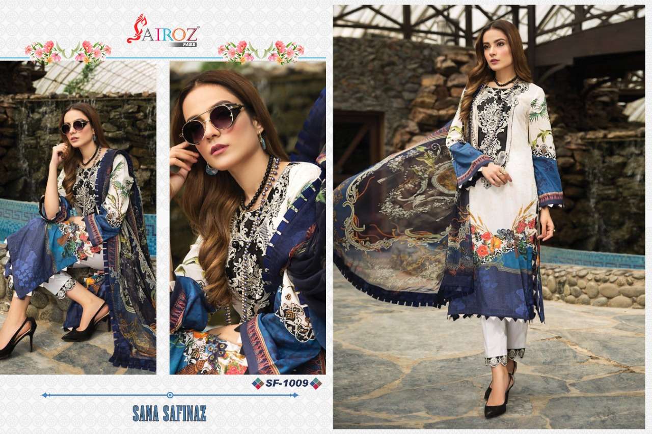 SANA SAFINAZ BY SAIROZ FABS 1009 TO 1012 SERIES PAKISTANI STYLISH BEAUTIFUL COLOURFUL PRINTED & EMBROIDERED PARTY WEAR & OCCASIONAL WEAR COTTON DIGITAL PRINT EMBROIDERED DRESSES AT WHOLESALE PRICE