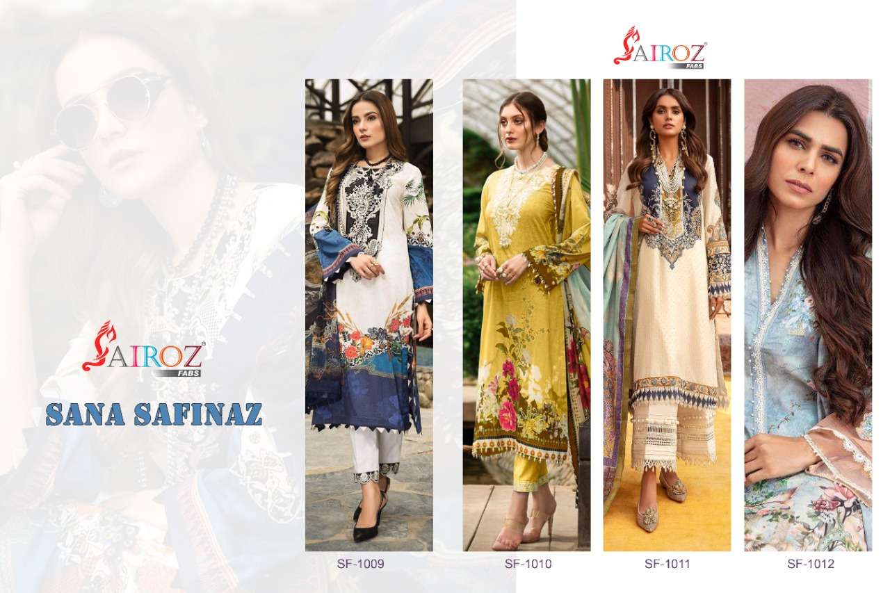 SANA SAFINAZ BY SAIROZ FABS 1009 TO 1012 SERIES PAKISTANI STYLISH BEAUTIFUL COLOURFUL PRINTED & EMBROIDERED PARTY WEAR & OCCASIONAL WEAR COTTON DIGITAL PRINT EMBROIDERED DRESSES AT WHOLESALE PRICE