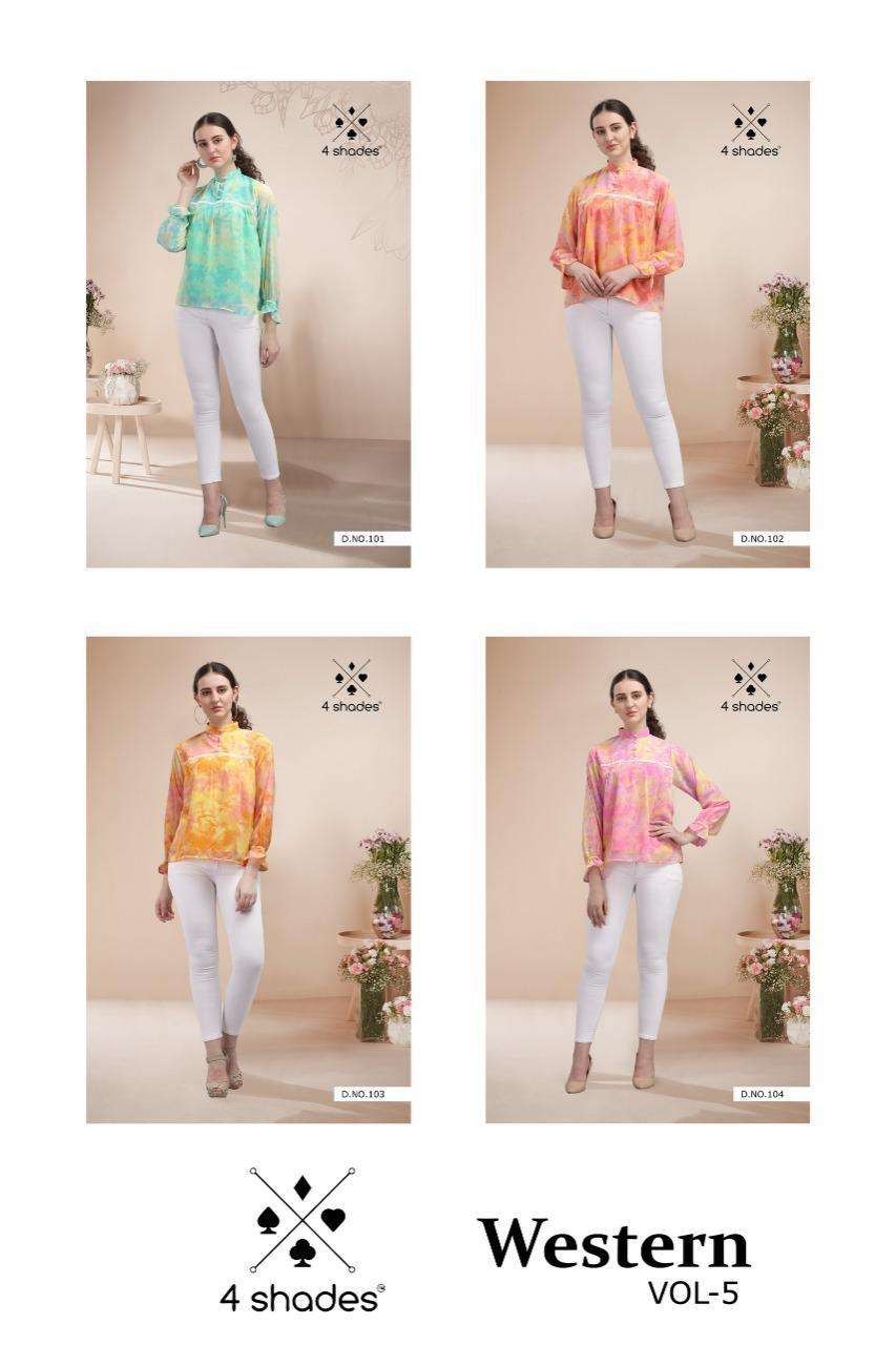 WESTERN VOL-5 BY 4 SHADES 101 TO 104 SERIES DESIGNER STYLISH FANCY COLORFUL BEAUTIFUL PARTY WEAR & ETHNIC WEAR COLLECTION GEORGETTE PRINT KURTIS AT WHOLESALE PRICE