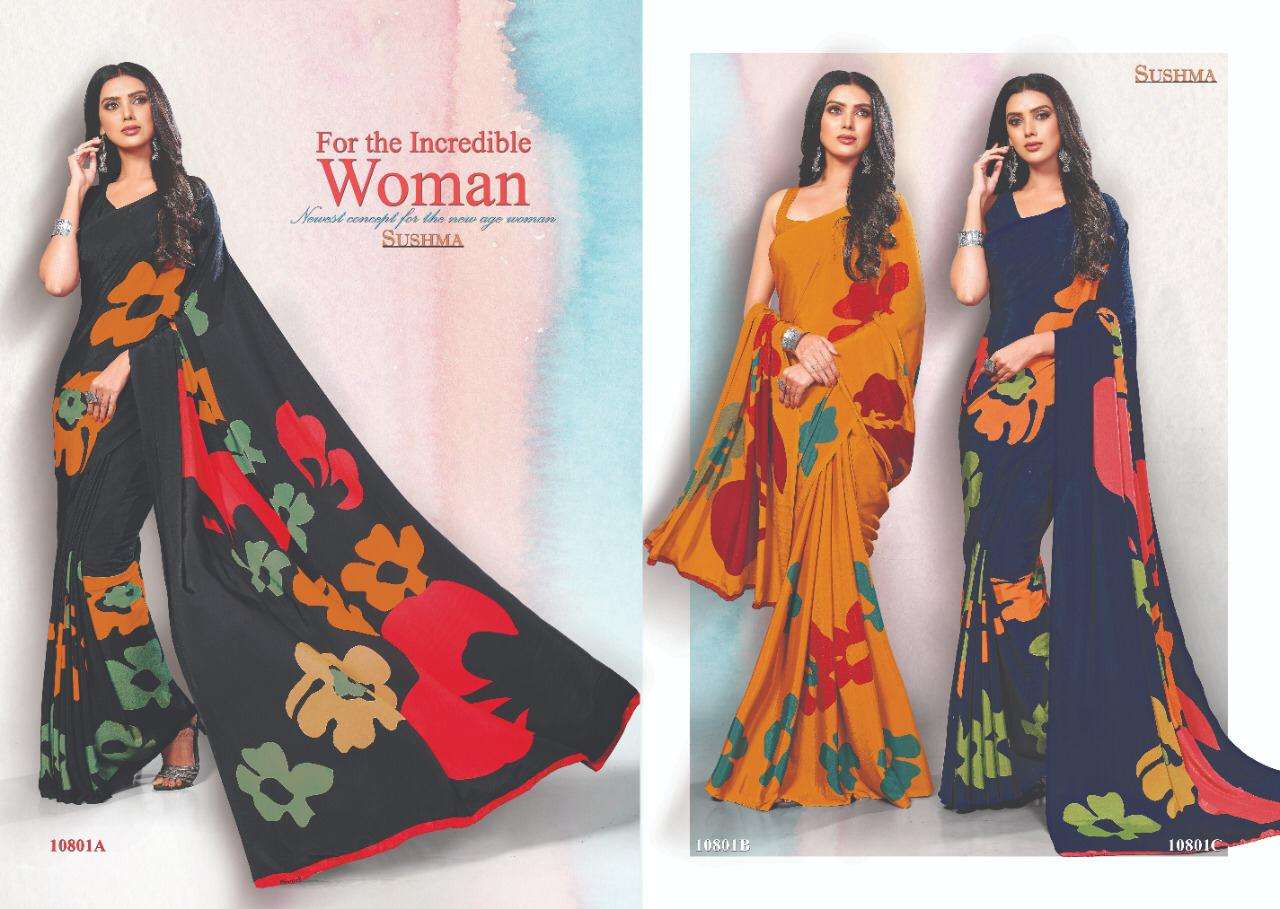 FASHION SHOW BY SUSHMA INDIAN TRADITIONAL WEAR COLLECTION BEAUTIFUL STYLISH FANCY COLORFUL PARTY WEAR & OCCASIONAL WEAR CREPE SAREES AT WHOLESALE PRICE