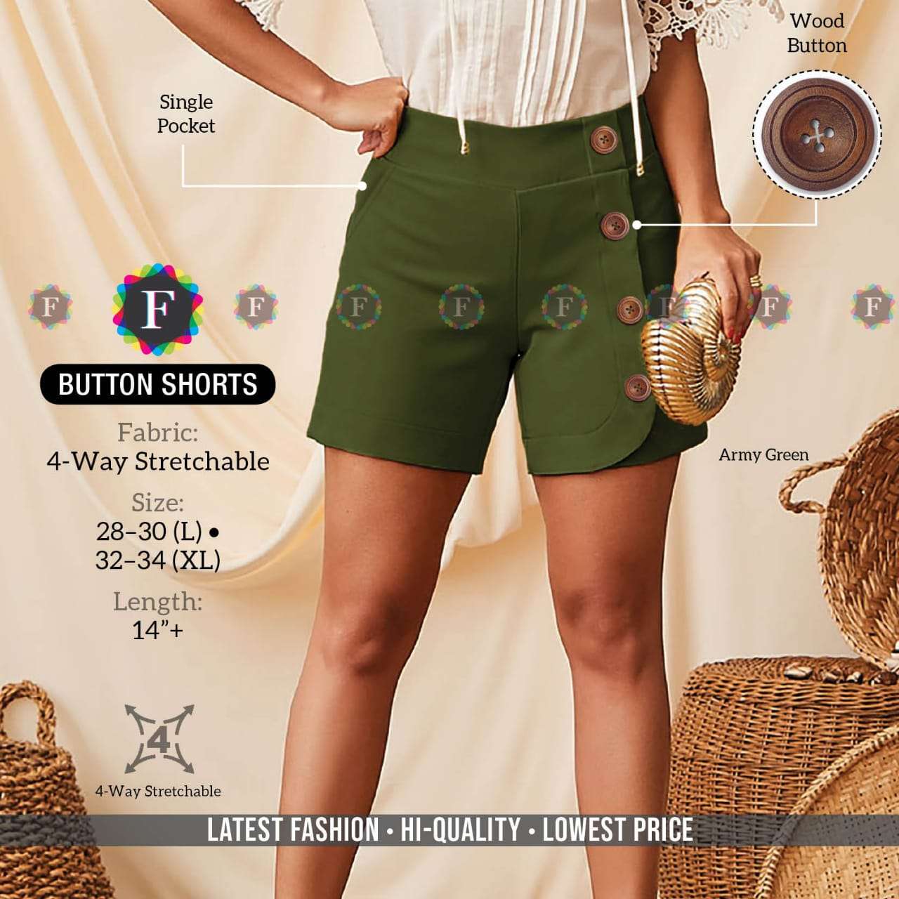 BUTTON SHORTS BY FIESTA 01 TO 12 SERIES STYLISH FANCY BEAUTIFUL COLORFUL CASUAL WEAR & ETHNIC WEAR LYCRA SHORTS AT WHOLESALE PRICE