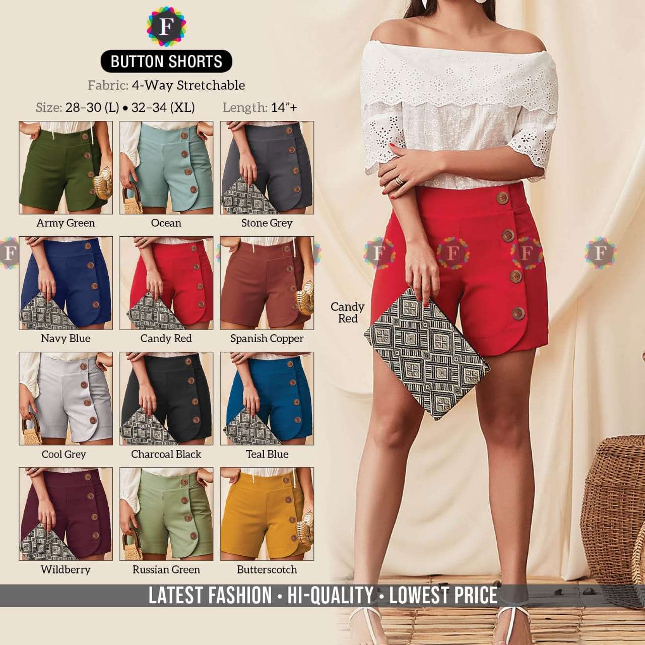BUTTON SHORTS BY FIESTA 01 TO 12 SERIES STYLISH FANCY BEAUTIFUL COLORFUL CASUAL WEAR & ETHNIC WEAR LYCRA SHORTS AT WHOLESALE PRICE