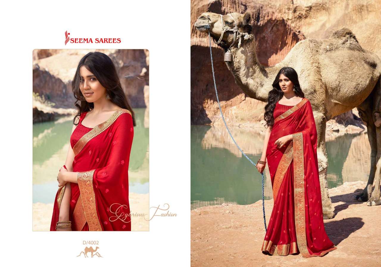 SARV SHRESTHA VOL-2 BY SEEMA SAREES 4001 TO 4008 SERIES INDIAN TRADITIONAL WEAR COLLECTION BEAUTIFUL STYLISH FANCY COLORFUL PARTY WEAR & OCCASIONAL WEAR CHIFFON EMBROIDERED SAREES AT WHOLESALE PRICE