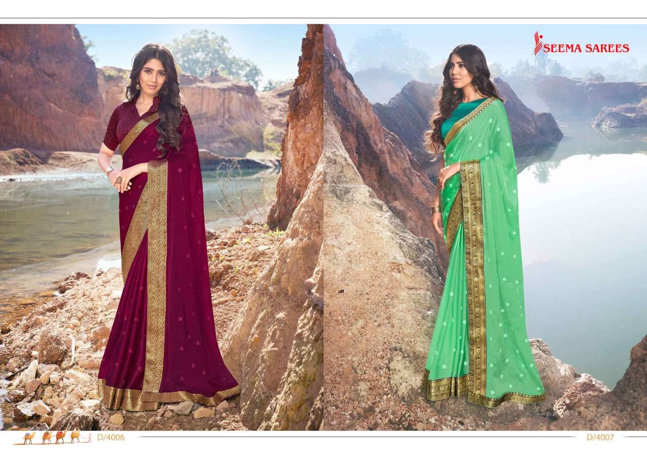 SARV SHRESTHA VOL-2 BY SEEMA SAREES 4001 TO 4008 SERIES INDIAN TRADITIONAL WEAR COLLECTION BEAUTIFUL STYLISH FANCY COLORFUL PARTY WEAR & OCCASIONAL WEAR CHIFFON EMBROIDERED SAREES AT WHOLESALE PRICE