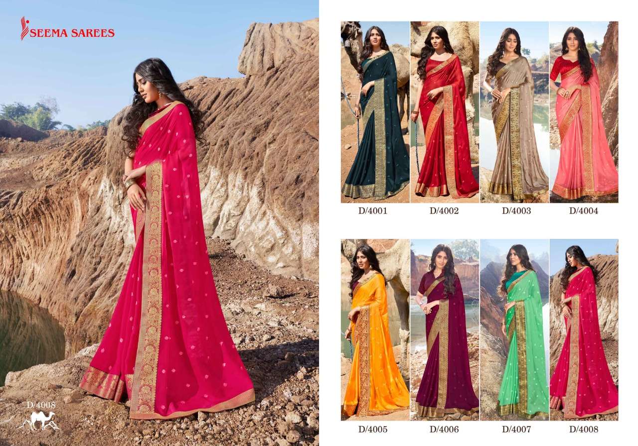 SARV SHRESTHA VOL-2 BY SEEMA SAREES 4001 TO 4008 SERIES INDIAN TRADITIONAL WEAR COLLECTION BEAUTIFUL STYLISH FANCY COLORFUL PARTY WEAR & OCCASIONAL WEAR CHIFFON EMBROIDERED SAREES AT WHOLESALE PRICE