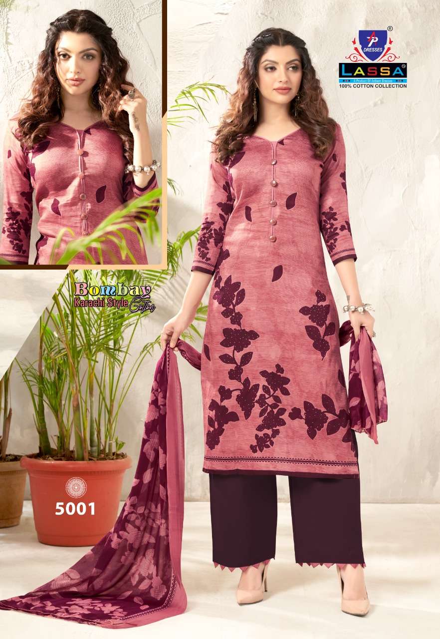 BOMBAY KARACHI COTTON VOL-5 BY LASSA 5001 TO 5010 SERIES BEAUTIFUL SUITS COLORFUL STYLISH FANCY CASUAL WEAR & ETHNIC WEAR PURE COTTON PRINT DRESSES AT WHOLESALE PRICE