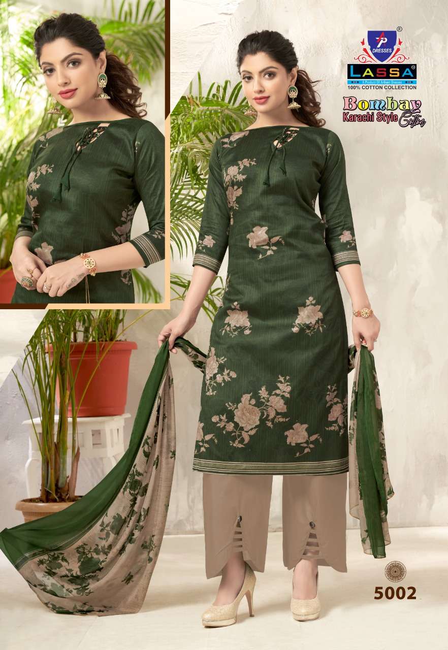 BOMBAY KARACHI COTTON VOL-5 BY LASSA 5001 TO 5010 SERIES BEAUTIFUL SUITS COLORFUL STYLISH FANCY CASUAL WEAR & ETHNIC WEAR PURE COTTON PRINT DRESSES AT WHOLESALE PRICE