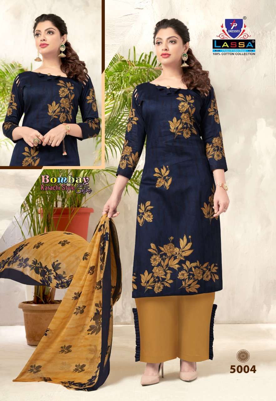 BOMBAY KARACHI COTTON VOL-5 BY LASSA 5001 TO 5010 SERIES BEAUTIFUL SUITS COLORFUL STYLISH FANCY CASUAL WEAR & ETHNIC WEAR PURE COTTON PRINT DRESSES AT WHOLESALE PRICE