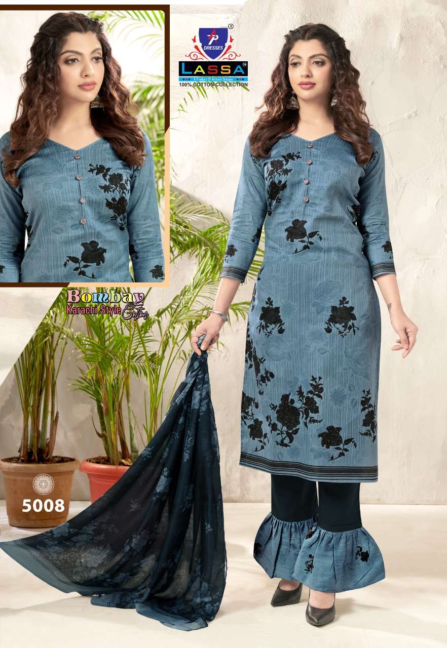 BOMBAY KARACHI COTTON VOL-5 BY LASSA 5001 TO 5010 SERIES BEAUTIFUL SUITS COLORFUL STYLISH FANCY CASUAL WEAR & ETHNIC WEAR PURE COTTON PRINT DRESSES AT WHOLESALE PRICE