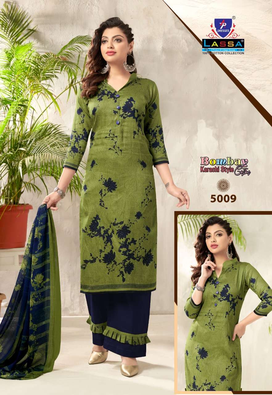 BOMBAY KARACHI COTTON VOL-5 BY LASSA 5001 TO 5010 SERIES BEAUTIFUL SUITS COLORFUL STYLISH FANCY CASUAL WEAR & ETHNIC WEAR PURE COTTON PRINT DRESSES AT WHOLESALE PRICE