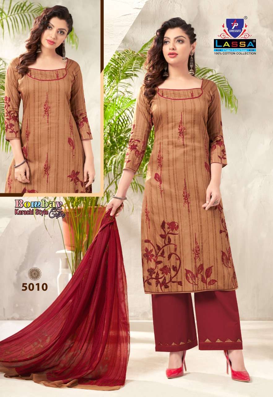 BOMBAY KARACHI COTTON VOL-5 BY LASSA 5001 TO 5010 SERIES BEAUTIFUL SUITS COLORFUL STYLISH FANCY CASUAL WEAR & ETHNIC WEAR PURE COTTON PRINT DRESSES AT WHOLESALE PRICE