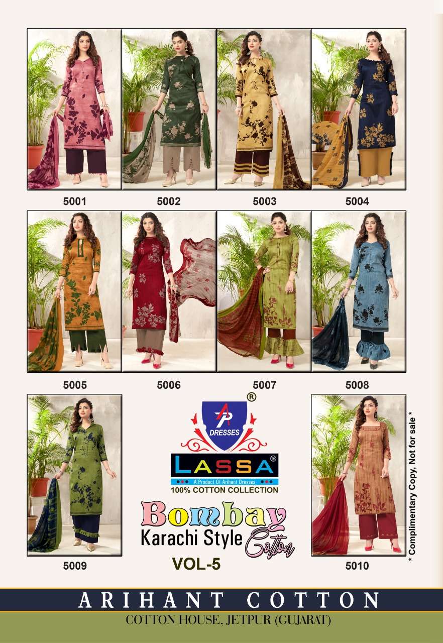 BOMBAY KARACHI COTTON VOL-5 BY LASSA 5001 TO 5010 SERIES BEAUTIFUL SUITS COLORFUL STYLISH FANCY CASUAL WEAR & ETHNIC WEAR PURE COTTON PRINT DRESSES AT WHOLESALE PRICE