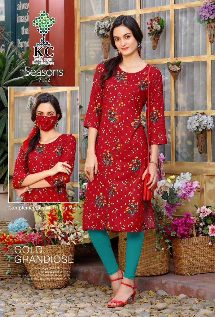 SEASONS VOL-7 BY KC 7001 TO 7008 SERIES STYLISH FANCY BEAUTIFUL COLORFUL CASUAL WEAR & ETHNIC WEAR HEAVY RAYON PRINT KURTIS AT WHOLESALE PRICE