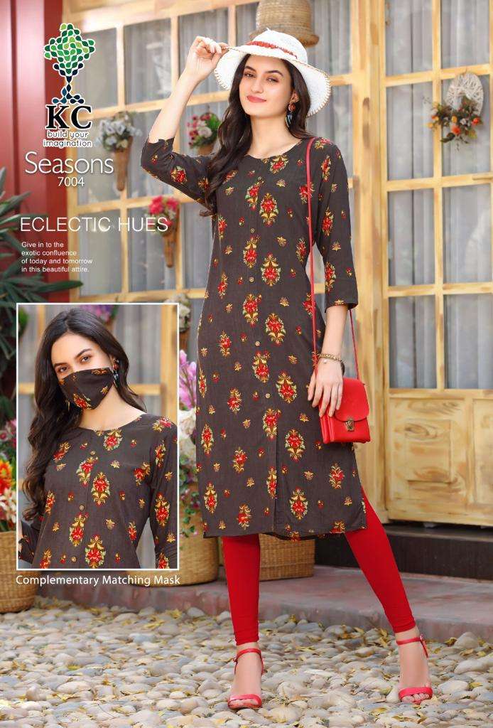 SEASONS VOL-7 BY KC 7001 TO 7008 SERIES STYLISH FANCY BEAUTIFUL COLORFUL CASUAL WEAR & ETHNIC WEAR HEAVY RAYON PRINT KURTIS AT WHOLESALE PRICE