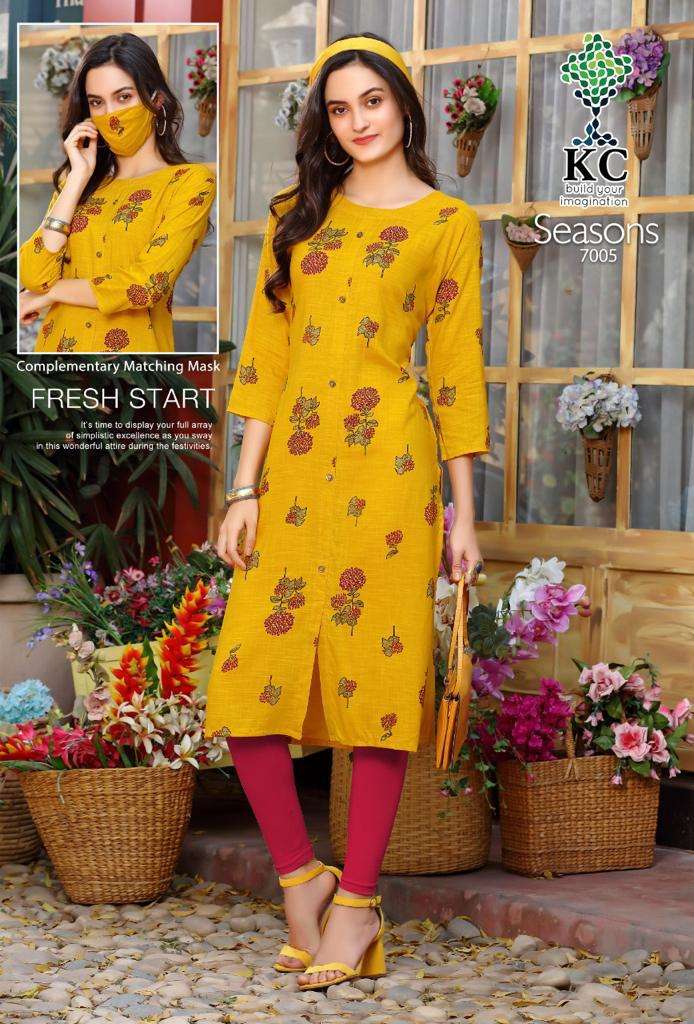SEASONS VOL-7 BY KC 7001 TO 7008 SERIES STYLISH FANCY BEAUTIFUL COLORFUL CASUAL WEAR & ETHNIC WEAR HEAVY RAYON PRINT KURTIS AT WHOLESALE PRICE
