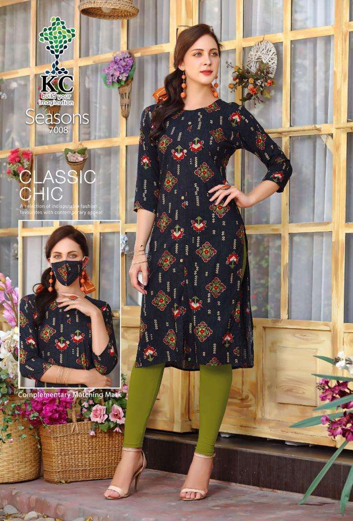 SEASONS VOL-7 BY KC 7001 TO 7008 SERIES STYLISH FANCY BEAUTIFUL COLORFUL CASUAL WEAR & ETHNIC WEAR HEAVY RAYON PRINT KURTIS AT WHOLESALE PRICE