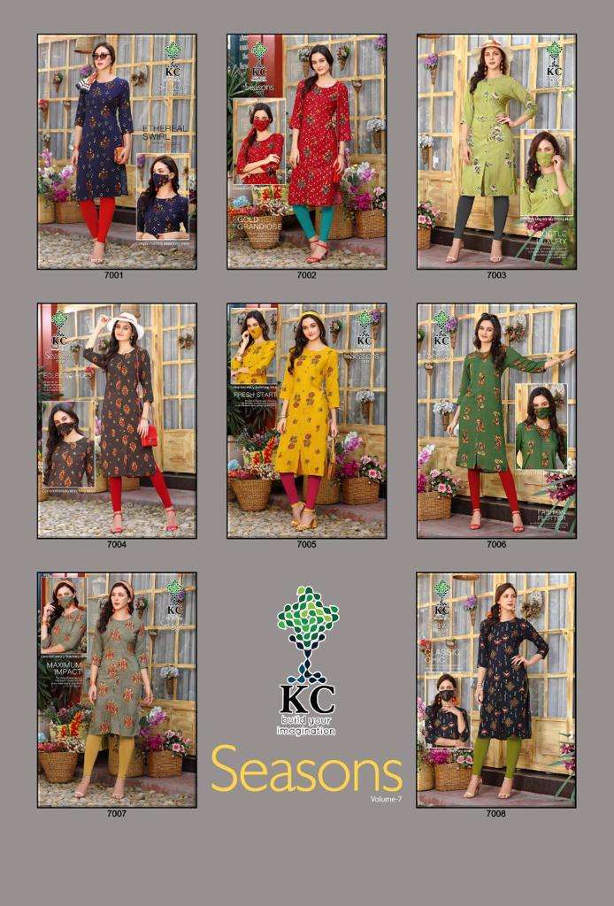 SEASONS VOL-7 BY KC 7001 TO 7008 SERIES STYLISH FANCY BEAUTIFUL COLORFUL CASUAL WEAR & ETHNIC WEAR HEAVY RAYON PRINT KURTIS AT WHOLESALE PRICE
