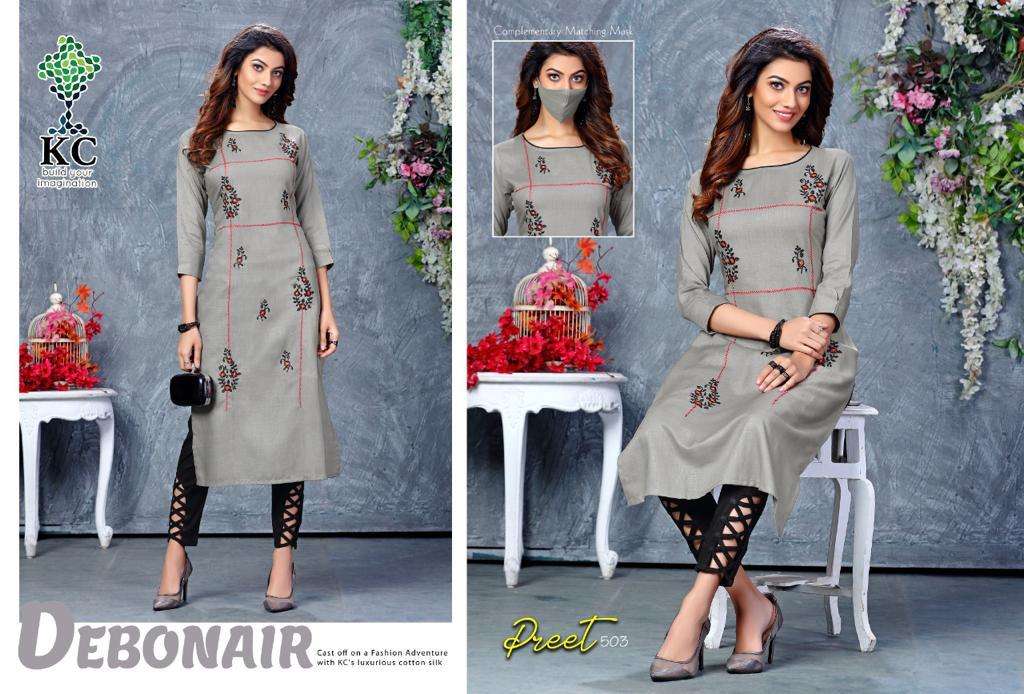 PREET VOL-5 BY KC 501 TO 508 SERIES STYLISH FANCY BEAUTIFUL COLORFUL CASUAL WEAR & ETHNIC WEAR RAYON SLUB KURTIS WITH BOTTOM AT WHOLESALE PRICE