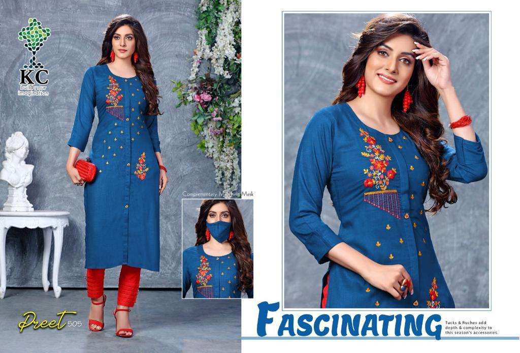 PREET VOL-5 BY KC 501 TO 508 SERIES STYLISH FANCY BEAUTIFUL COLORFUL CASUAL WEAR & ETHNIC WEAR RAYON SLUB KURTIS WITH BOTTOM AT WHOLESALE PRICE