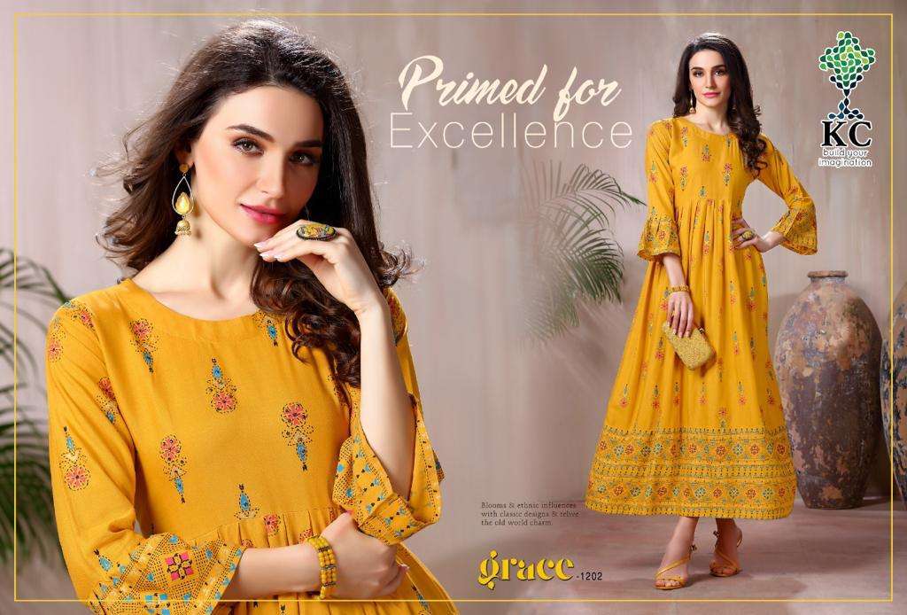 GRACE VOL-12 BY KC 1201 TO 1208 SERIES DESIGNER STYLISH FANCY COLORFUL BEAUTIFUL PARTY WEAR & ETHNIC WEAR COLLECTION RAYON PRINT GOWNS AT WHOLESALE PRICE