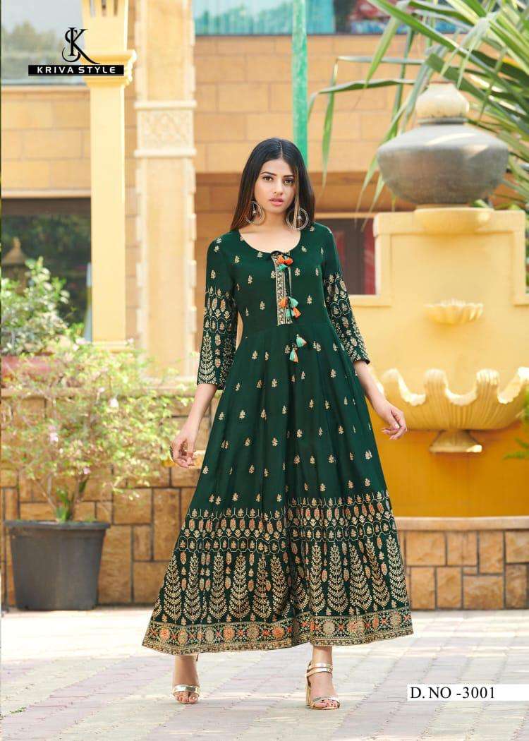 GOLDEN DIARIES BY KRIVA STYLE 3001 TO 3005 SERIES DESIGNER STYLISH FANCY COLORFUL BEAUTIFUL PARTY WEAR & ETHNIC WEAR COLLECTION RAYON GOLD PRINT GOWNS AT WHOLESALE PRICE
