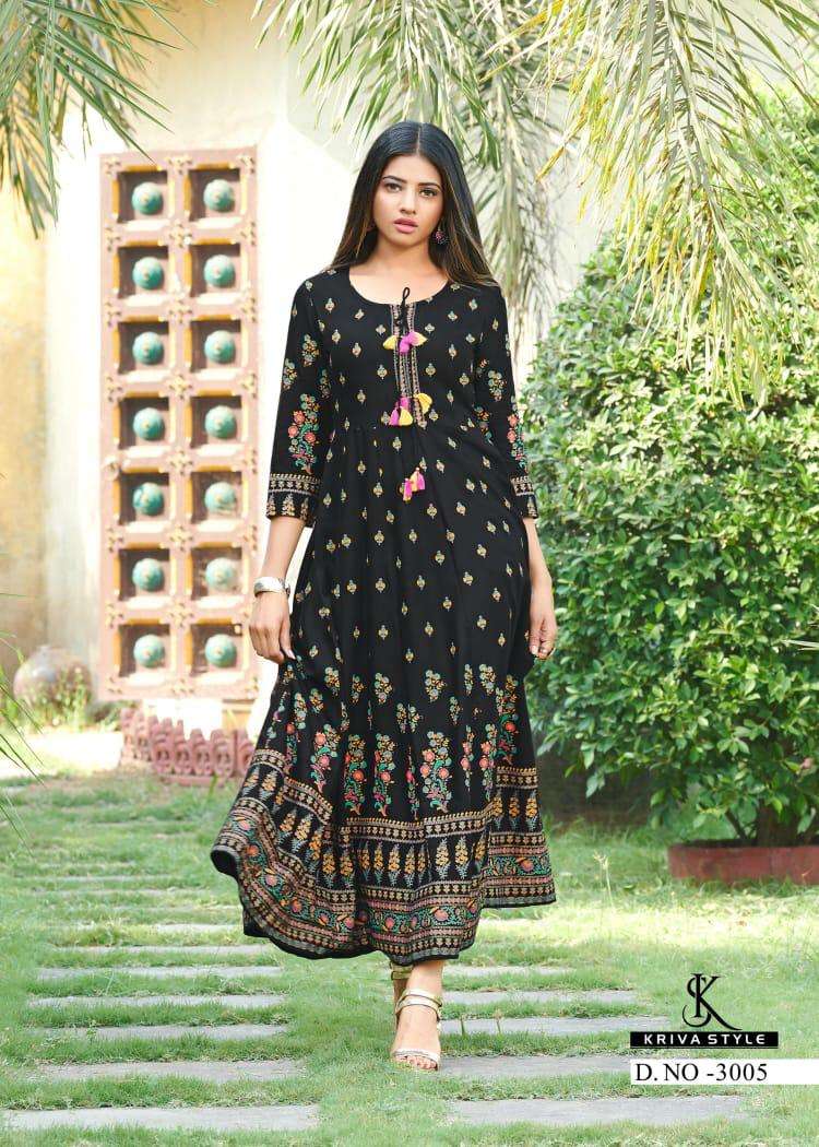 GOLDEN DIARIES BY KRIVA STYLE 3001 TO 3005 SERIES DESIGNER STYLISH FANCY COLORFUL BEAUTIFUL PARTY WEAR & ETHNIC WEAR COLLECTION RAYON GOLD PRINT GOWNS AT WHOLESALE PRICE