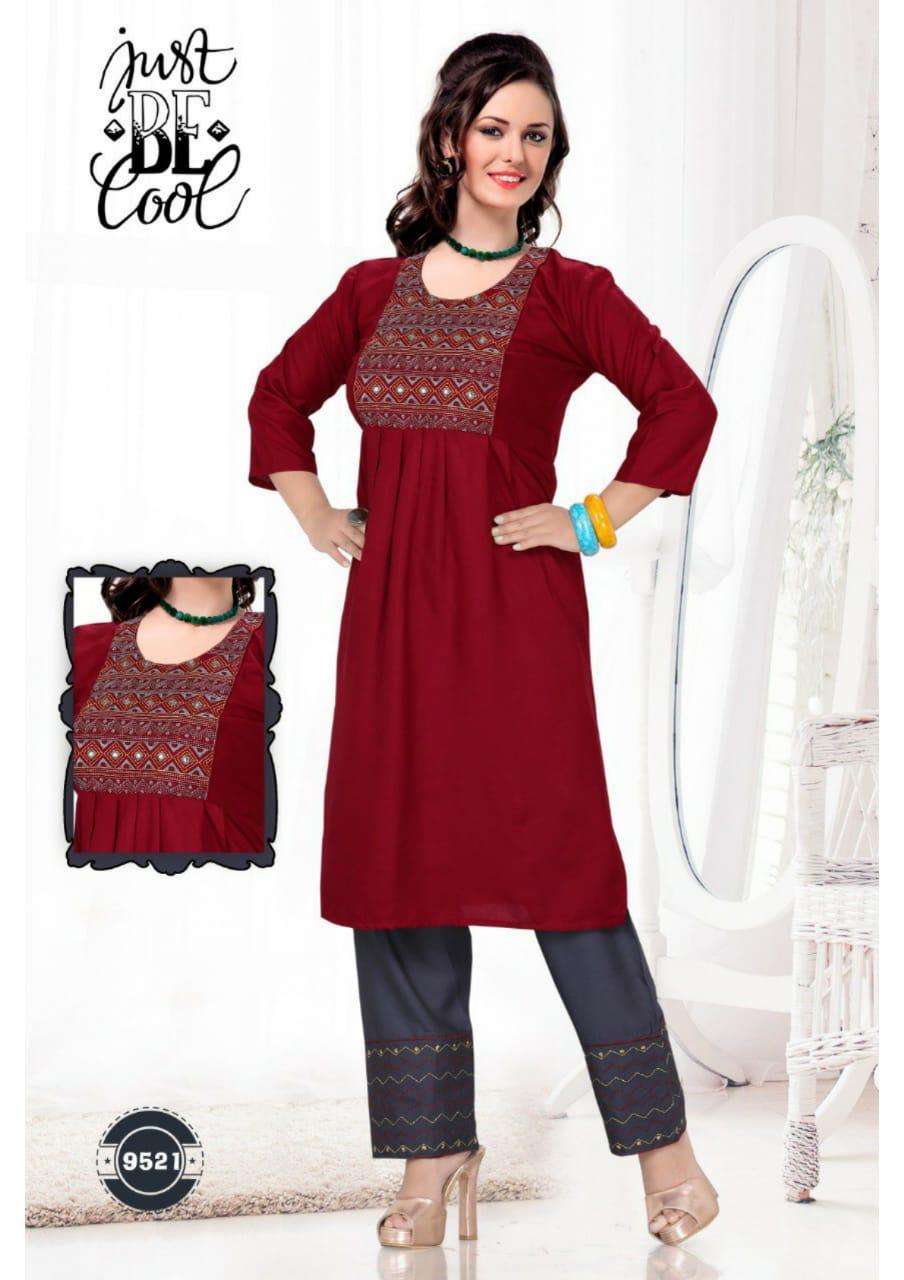 PARI BY JUST BE COOL 9521 TO 9530 SERIES DESIGNER STYLISH FANCY COLORFUL BEAUTIFUL PARTY WEAR & ETHNIC WEAR COLLECTION RAYON PRINT KURTIS WITH BOTTOM AT WHOLESALE PRICE
