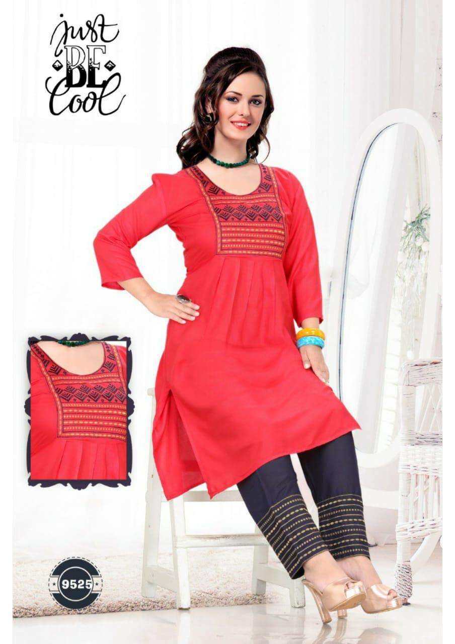 PARI BY JUST BE COOL 9521 TO 9530 SERIES DESIGNER STYLISH FANCY COLORFUL BEAUTIFUL PARTY WEAR & ETHNIC WEAR COLLECTION RAYON PRINT KURTIS WITH BOTTOM AT WHOLESALE PRICE