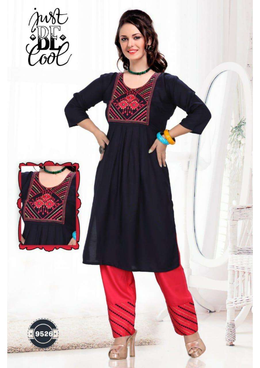 PARI BY JUST BE COOL 9521 TO 9530 SERIES DESIGNER STYLISH FANCY COLORFUL BEAUTIFUL PARTY WEAR & ETHNIC WEAR COLLECTION RAYON PRINT KURTIS WITH BOTTOM AT WHOLESALE PRICE