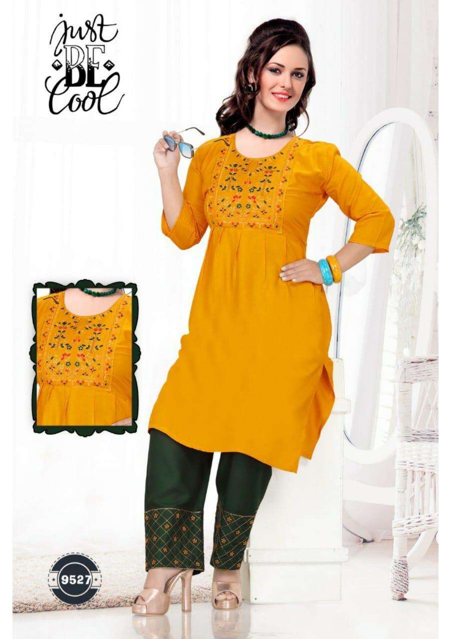 PARI BY JUST BE COOL 9521 TO 9530 SERIES DESIGNER STYLISH FANCY COLORFUL BEAUTIFUL PARTY WEAR & ETHNIC WEAR COLLECTION RAYON PRINT KURTIS WITH BOTTOM AT WHOLESALE PRICE