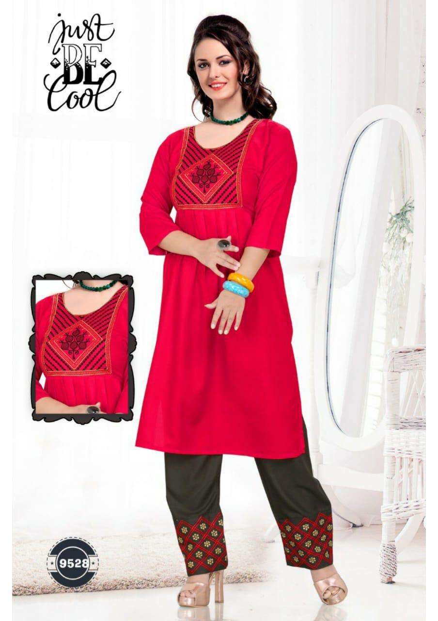 PARI BY JUST BE COOL 9521 TO 9530 SERIES DESIGNER STYLISH FANCY COLORFUL BEAUTIFUL PARTY WEAR & ETHNIC WEAR COLLECTION RAYON PRINT KURTIS WITH BOTTOM AT WHOLESALE PRICE