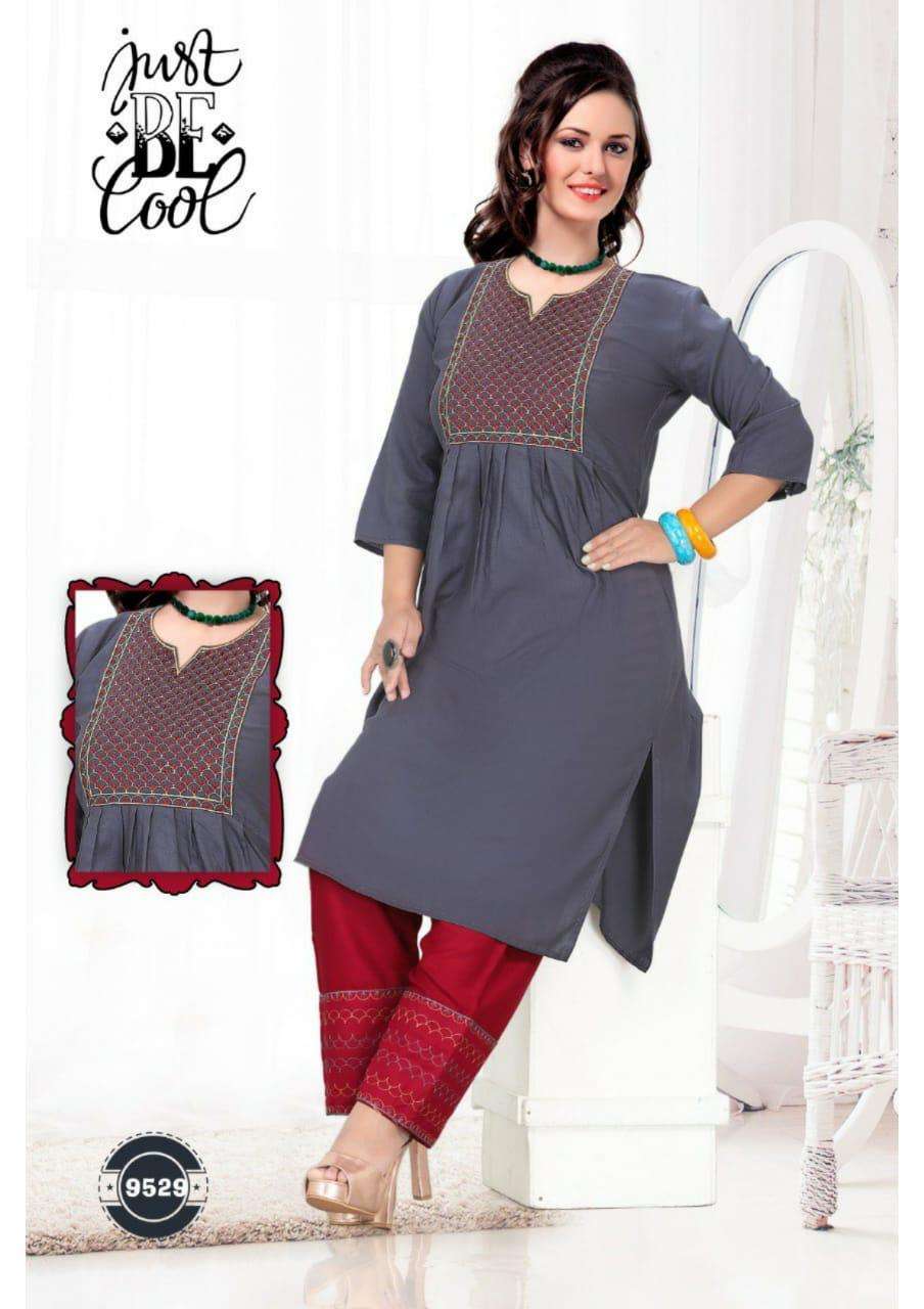 PARI BY JUST BE COOL 9521 TO 9530 SERIES DESIGNER STYLISH FANCY COLORFUL BEAUTIFUL PARTY WEAR & ETHNIC WEAR COLLECTION RAYON PRINT KURTIS WITH BOTTOM AT WHOLESALE PRICE