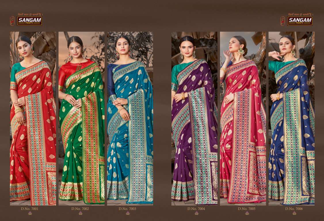 PRIYA ANAND BY SANGAM PRINTS 7001 TO 7006 SERIES INDIAN TRADITIONAL WEAR COLLECTION BEAUTIFUL STYLISH FANCY COLORFUL PARTY WEAR & OCCASIONAL WEAR SILK SAREES AT WHOLESALE PRICE