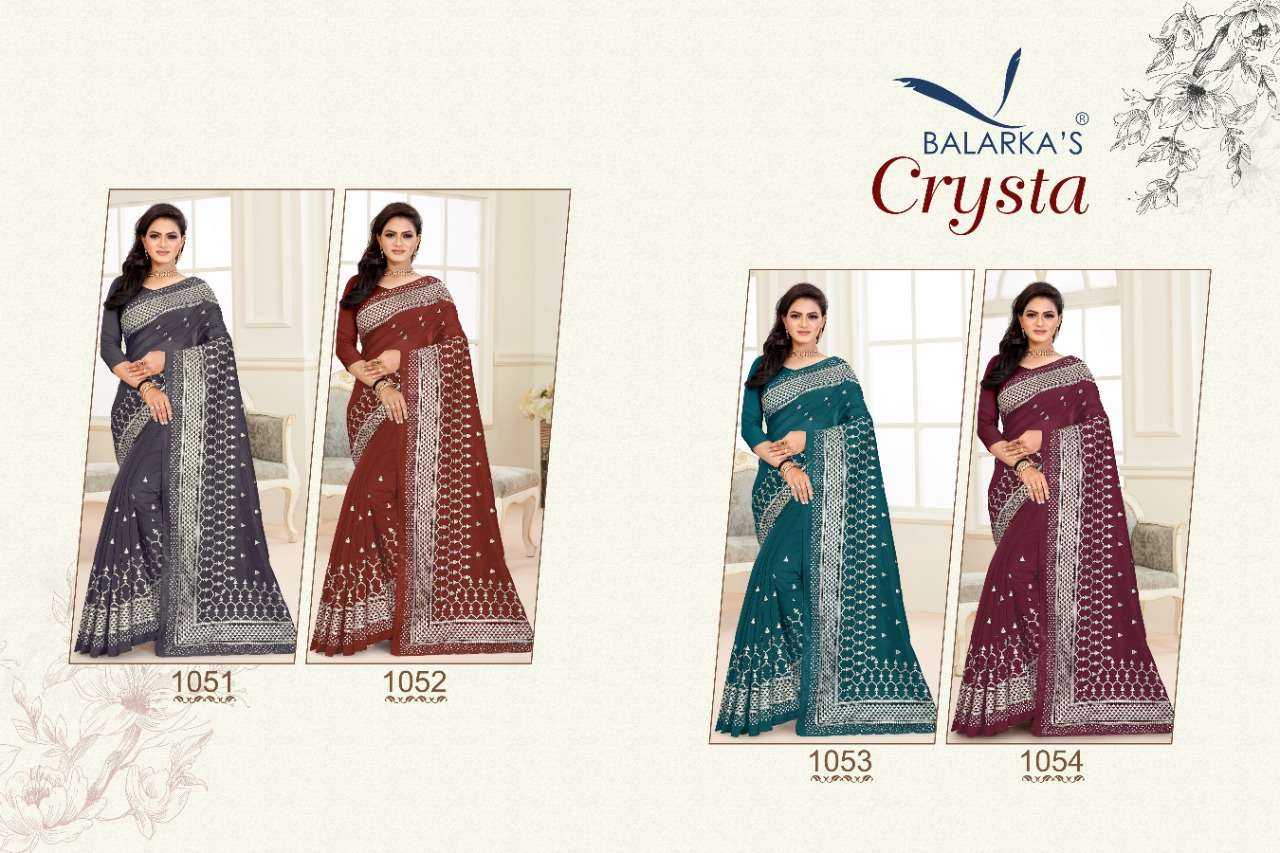 CRYSTA BY BALARKAS 1051 TO 1054 SERIES INDIAN TRADITIONAL WEAR COLLECTION BEAUTIFUL STYLISH FANCY COLORFUL PARTY WEAR & OCCASIONAL WEAR SOFT ORGANZA FOIL PRINT SAREES AT WHOLESALE PRICE
