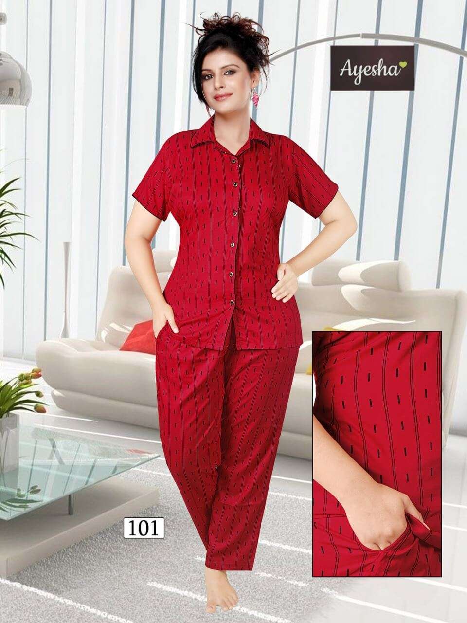 NISHA BY AYESHA 101 TO 106 SERIES BEAUTIFUL STYLISH COLORFUL FANCY PARTY WEAR & ETHNIC WEAR & READY TO WEAR RAYON NIGHT SUITS AT WHOLESALE PRICE