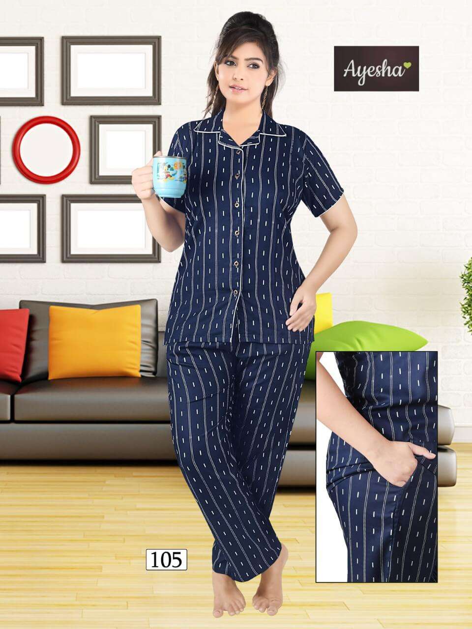 NISHA BY AYESHA 101 TO 106 SERIES BEAUTIFUL STYLISH COLORFUL FANCY PARTY WEAR & ETHNIC WEAR & READY TO WEAR RAYON NIGHT SUITS AT WHOLESALE PRICE