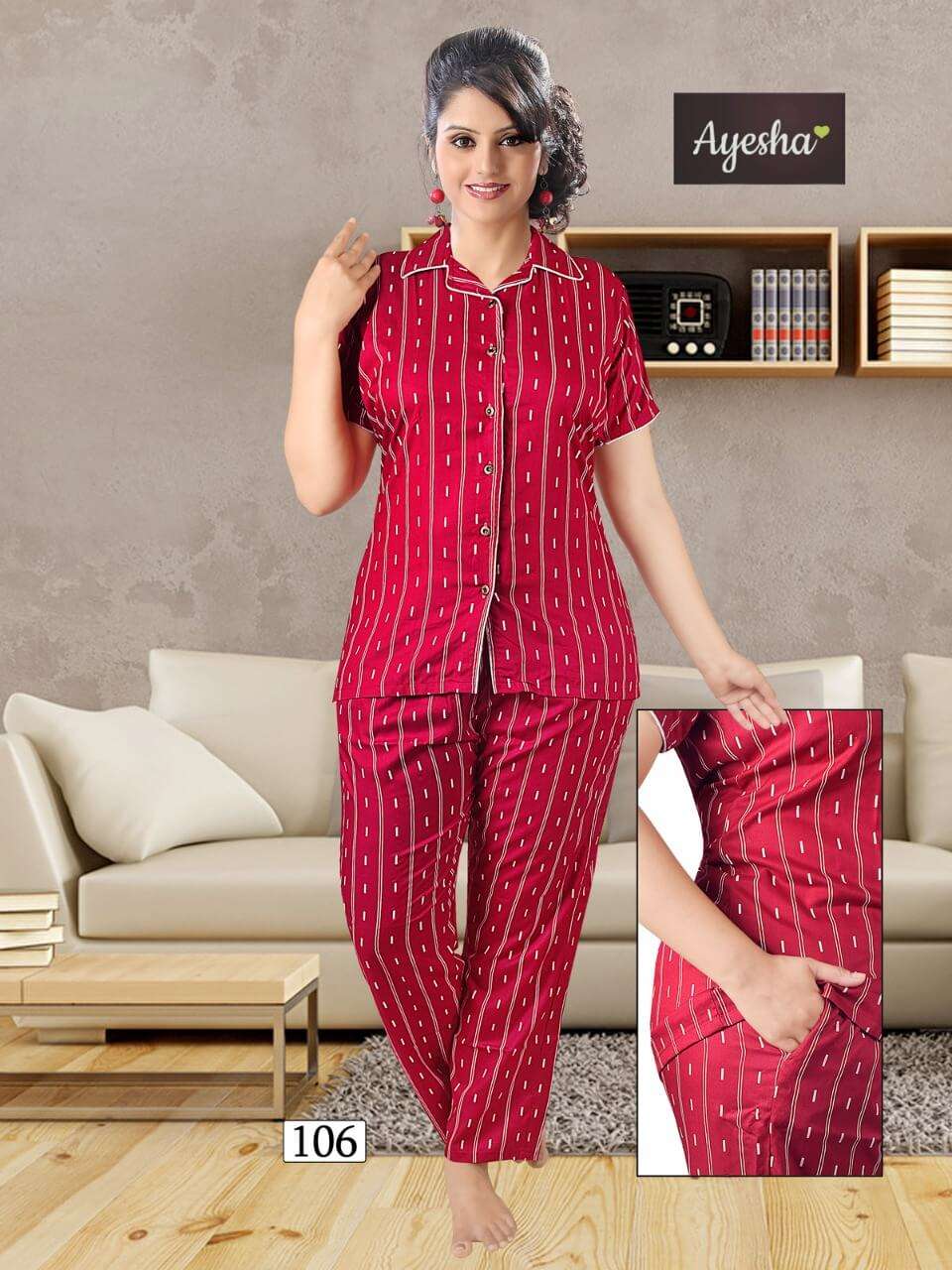 NISHA BY AYESHA 101 TO 106 SERIES BEAUTIFUL STYLISH COLORFUL FANCY PARTY WEAR & ETHNIC WEAR & READY TO WEAR RAYON NIGHT SUITS AT WHOLESALE PRICE