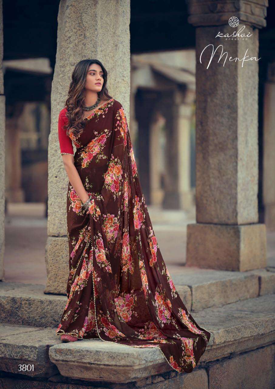 MENKA BY KASHVI CREATION 3801 TO 3810 SERIES INDIAN TRADITIONAL WEAR COLLECTION BEAUTIFUL STYLISH FANCY COLORFUL PARTY WEAR & OCCASIONAL WEAR CHIFFON SAREES AT WHOLESALE PRICE