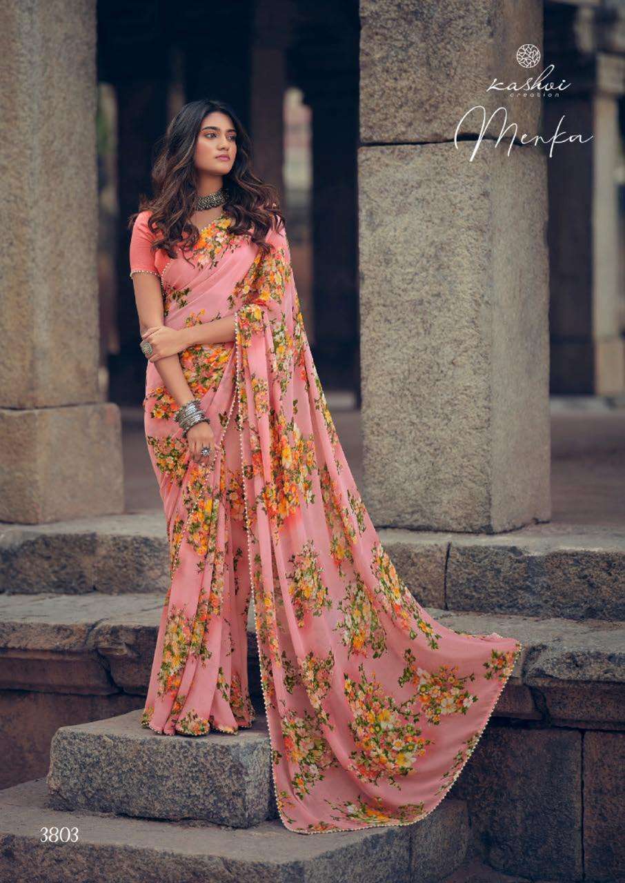 MENKA BY KASHVI CREATION 3801 TO 3810 SERIES INDIAN TRADITIONAL WEAR COLLECTION BEAUTIFUL STYLISH FANCY COLORFUL PARTY WEAR & OCCASIONAL WEAR CHIFFON SAREES AT WHOLESALE PRICE