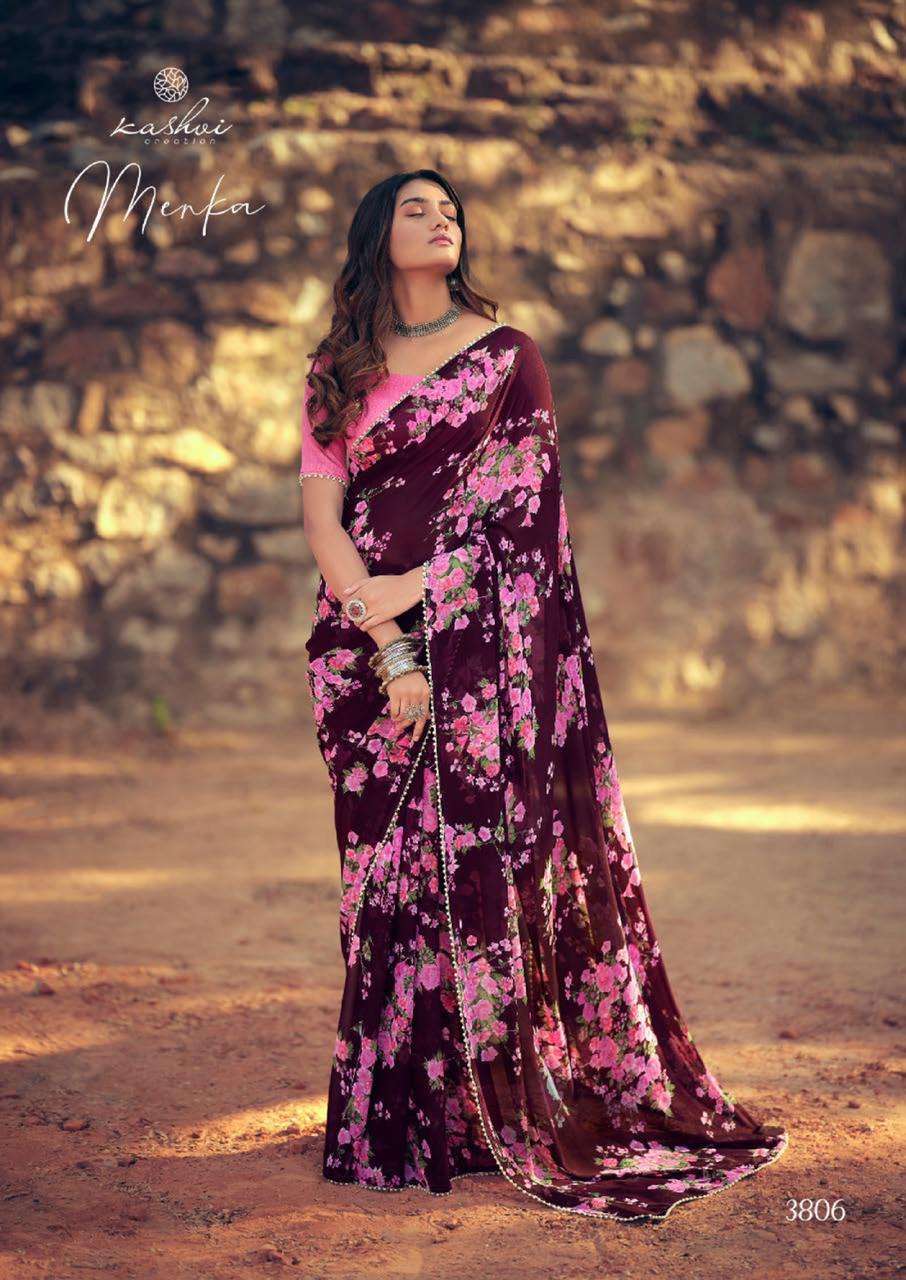 MENKA BY KASHVI CREATION 3801 TO 3810 SERIES INDIAN TRADITIONAL WEAR COLLECTION BEAUTIFUL STYLISH FANCY COLORFUL PARTY WEAR & OCCASIONAL WEAR CHIFFON SAREES AT WHOLESALE PRICE