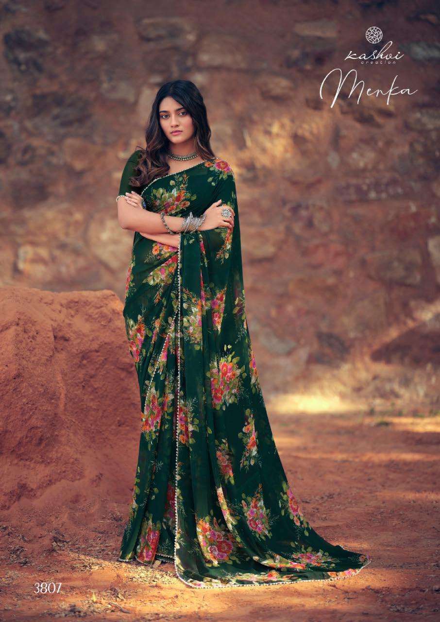 MENKA BY KASHVI CREATION 3801 TO 3810 SERIES INDIAN TRADITIONAL WEAR COLLECTION BEAUTIFUL STYLISH FANCY COLORFUL PARTY WEAR & OCCASIONAL WEAR CHIFFON SAREES AT WHOLESALE PRICE