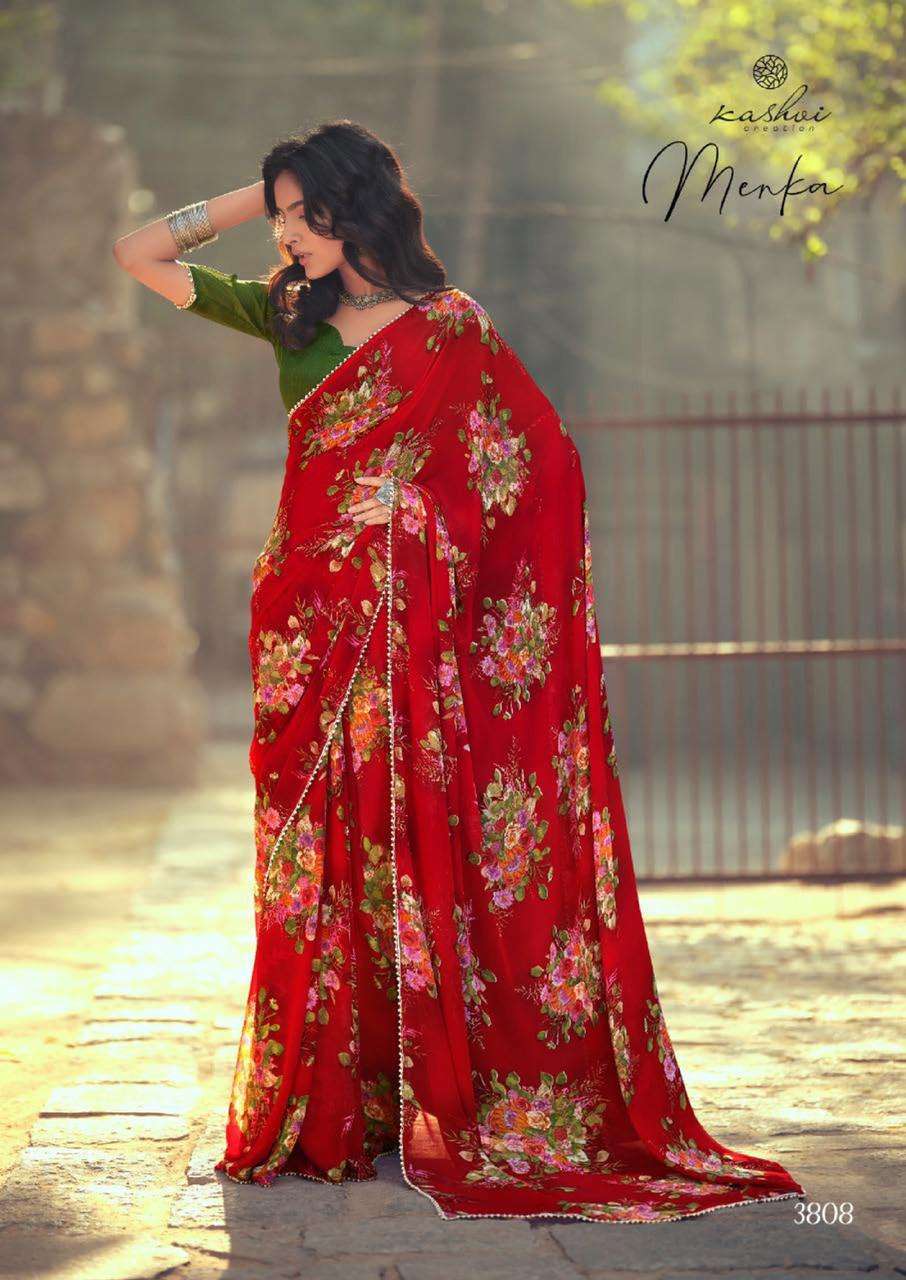 MENKA BY KASHVI CREATION 3801 TO 3810 SERIES INDIAN TRADITIONAL WEAR COLLECTION BEAUTIFUL STYLISH FANCY COLORFUL PARTY WEAR & OCCASIONAL WEAR CHIFFON SAREES AT WHOLESALE PRICE