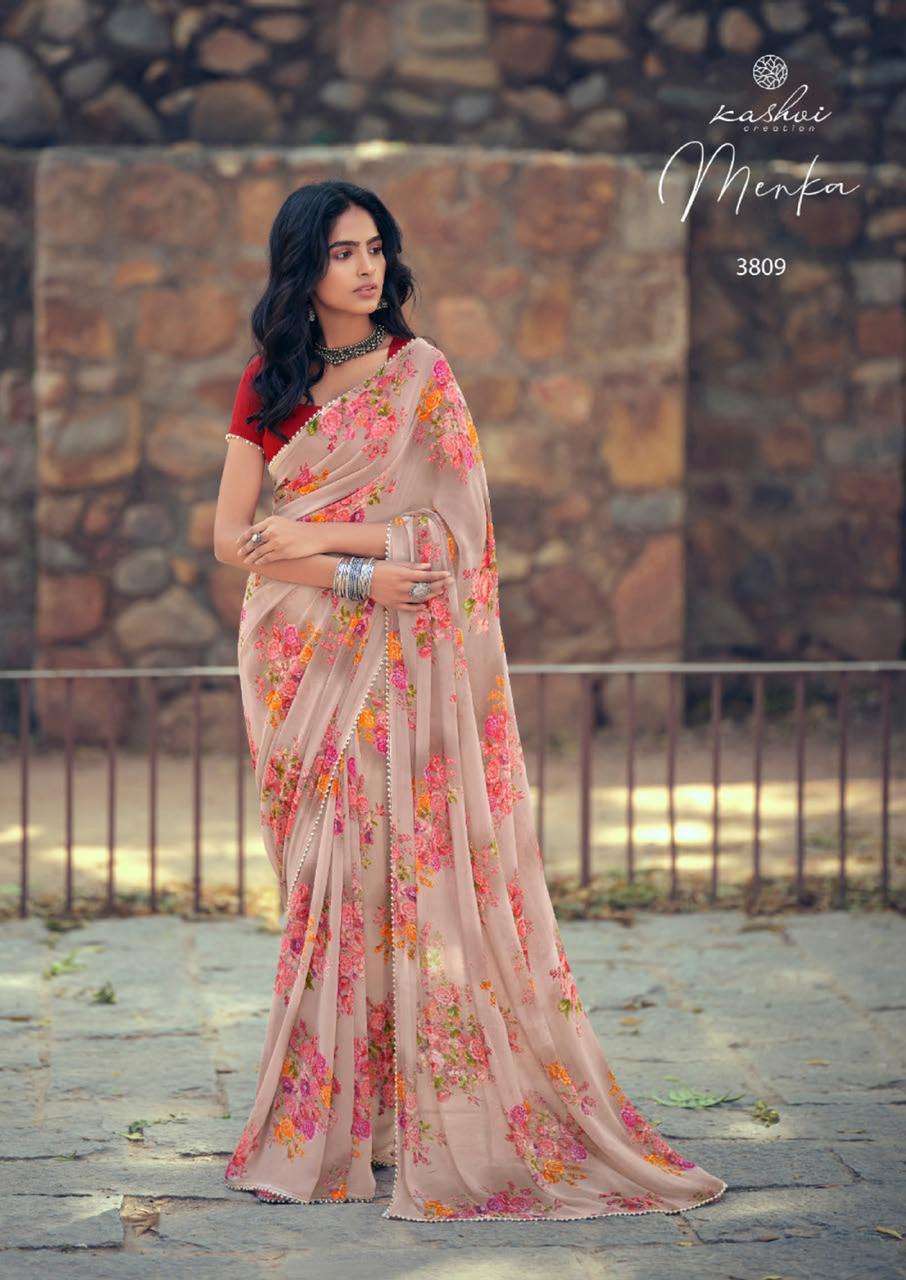 MENKA BY KASHVI CREATION 3801 TO 3810 SERIES INDIAN TRADITIONAL WEAR COLLECTION BEAUTIFUL STYLISH FANCY COLORFUL PARTY WEAR & OCCASIONAL WEAR CHIFFON SAREES AT WHOLESALE PRICE