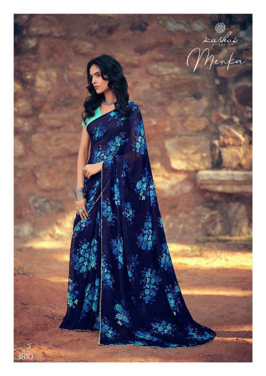 MENKA BY KASHVI CREATION 3801 TO 3810 SERIES INDIAN TRADITIONAL WEAR COLLECTION BEAUTIFUL STYLISH FANCY COLORFUL PARTY WEAR & OCCASIONAL WEAR CHIFFON SAREES AT WHOLESALE PRICE