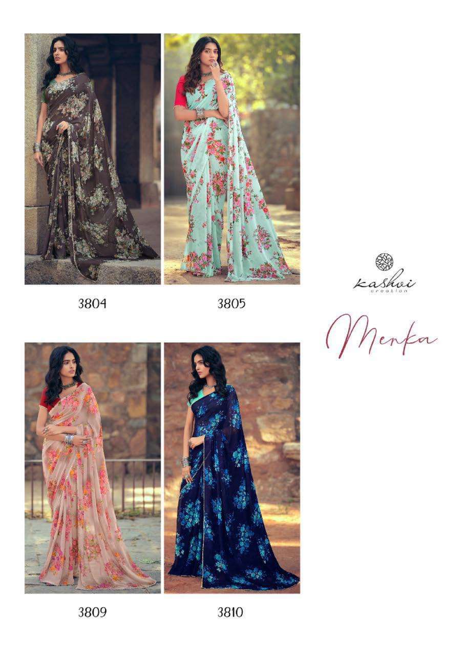 MENKA BY KASHVI CREATION 3801 TO 3810 SERIES INDIAN TRADITIONAL WEAR COLLECTION BEAUTIFUL STYLISH FANCY COLORFUL PARTY WEAR & OCCASIONAL WEAR CHIFFON SAREES AT WHOLESALE PRICE