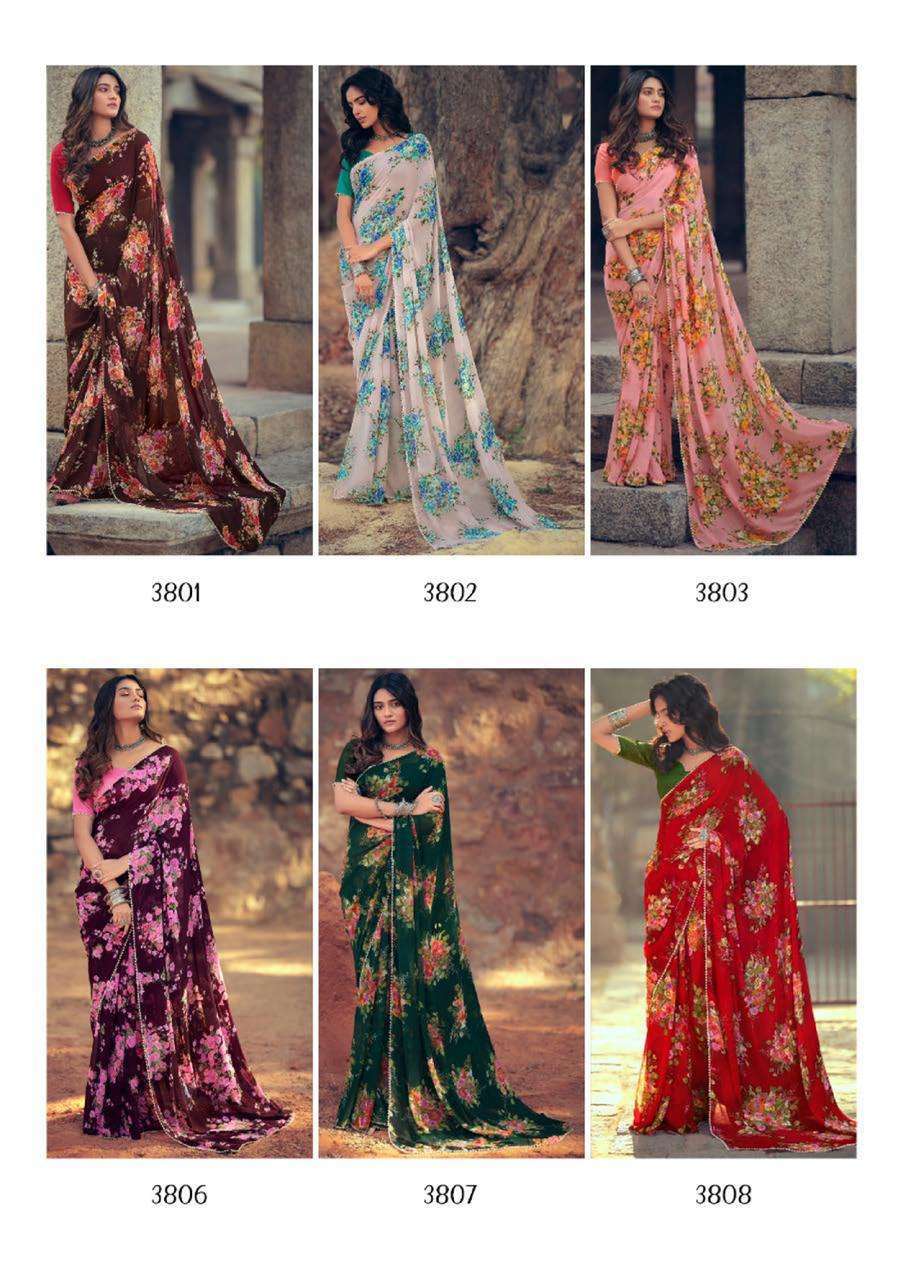 MENKA BY KASHVI CREATION 3801 TO 3810 SERIES INDIAN TRADITIONAL WEAR COLLECTION BEAUTIFUL STYLISH FANCY COLORFUL PARTY WEAR & OCCASIONAL WEAR CHIFFON SAREES AT WHOLESALE PRICE