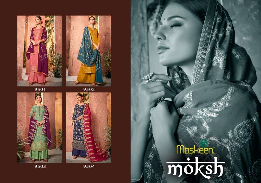 MOKSH BY MAISHA 9501 TO 9504 SERIES BEAUTIFUL STYLISH SHARARA SUITS FANCY COLORFUL CASUAL WEAR & ETHNIC WEAR & READY TO WEAR PURE DOLA JACQUARD EMBROIDERED DRESSES AT WHOLESALE PRICE